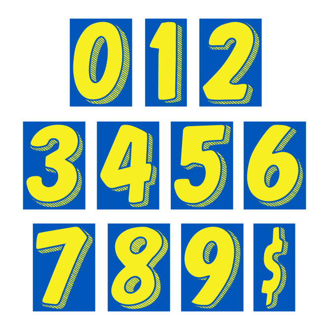 7-1/2" Shadow Number Decals - Yellow/Blue