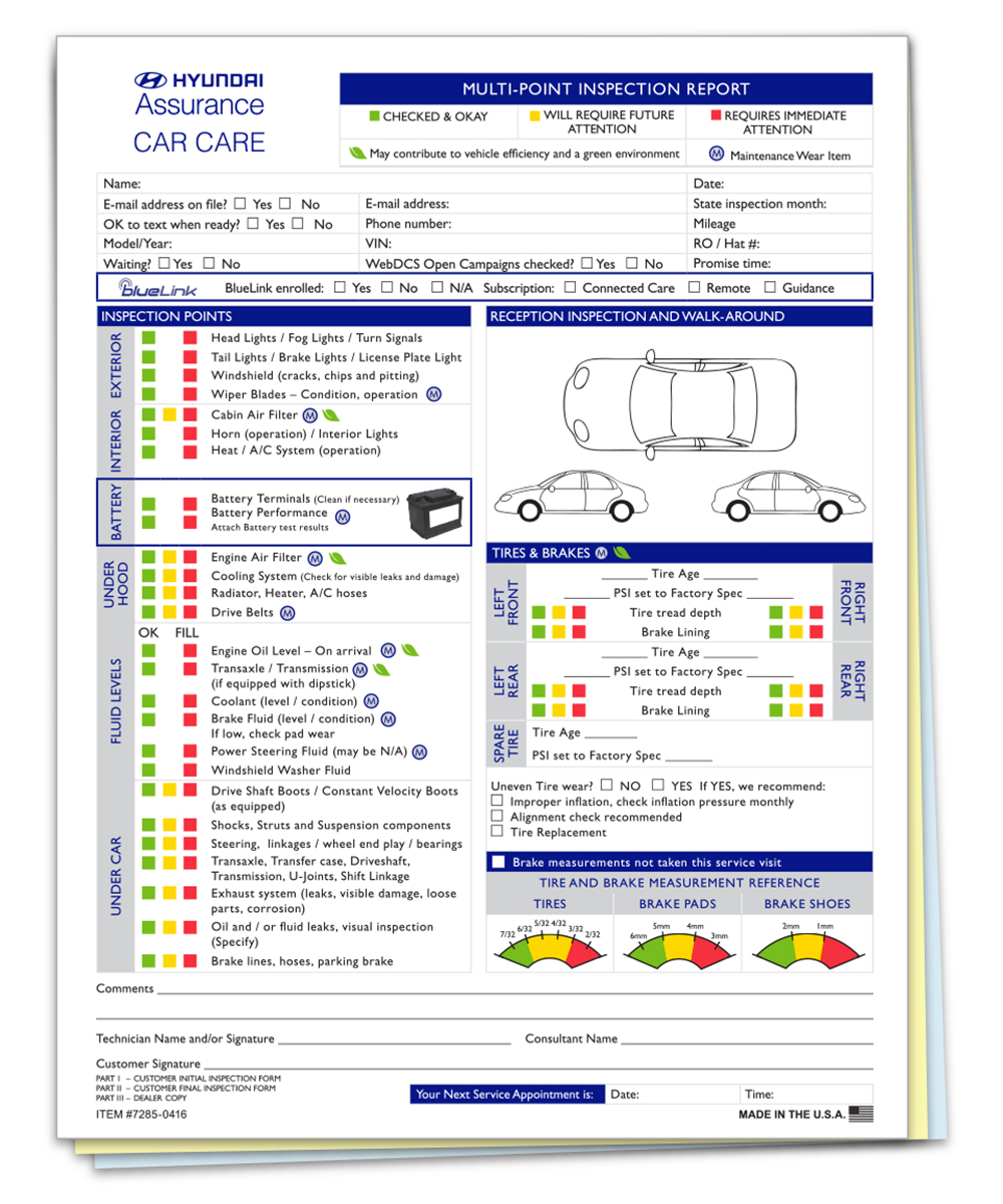 Mfr Specific Multi-Point Inspection Form 3-Part - Hyundai