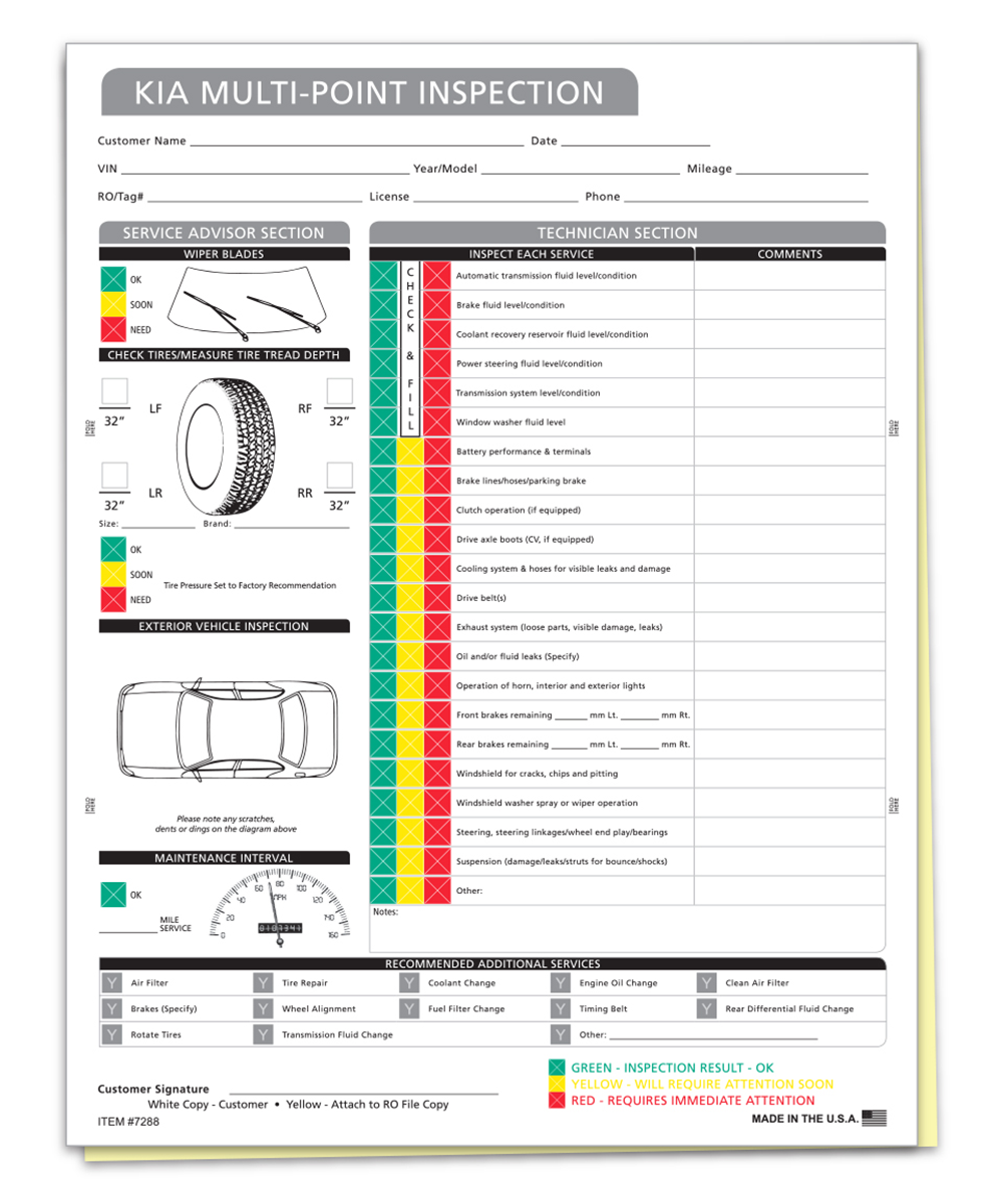 Mfr Specific Multi-Point Inspection Form 2-Part - KIA