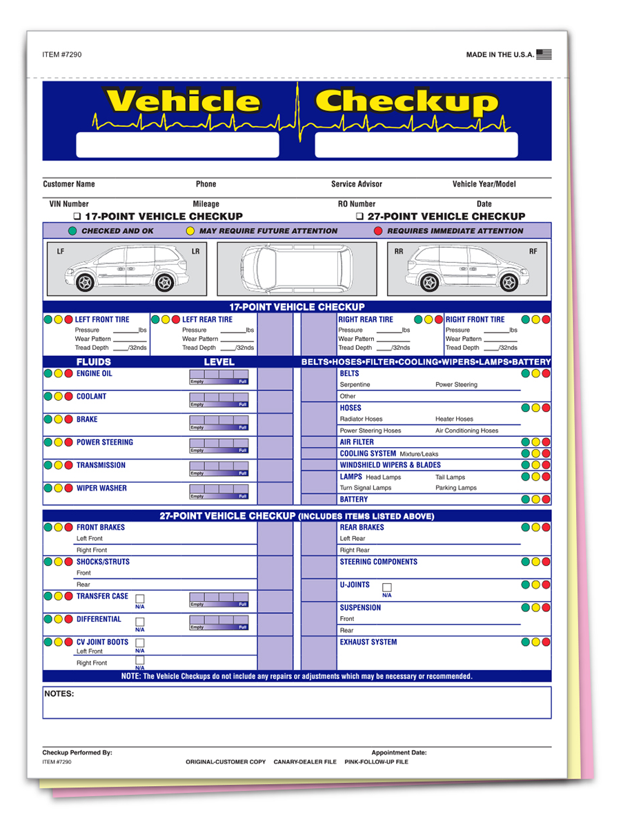 Generic Multi-Point Inspection Form 3-Part - Vehicle Checkup