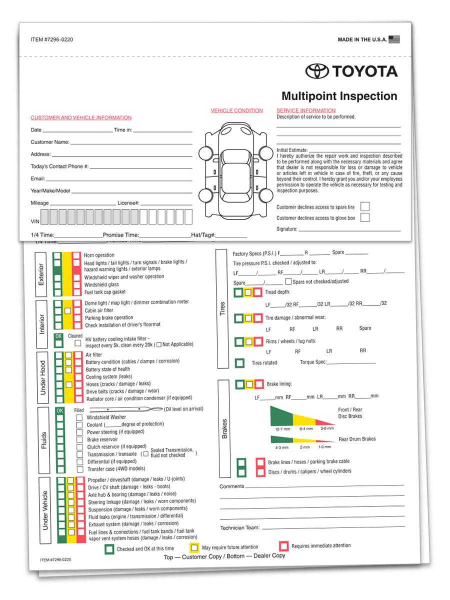 Mfr Specific Multi-Point Inspection Form 3-Part - Toyota
