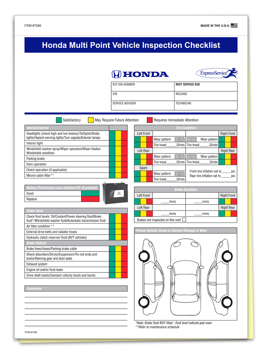 Mfr Specific Multi-Point Inspection Form 2-Part - Honda