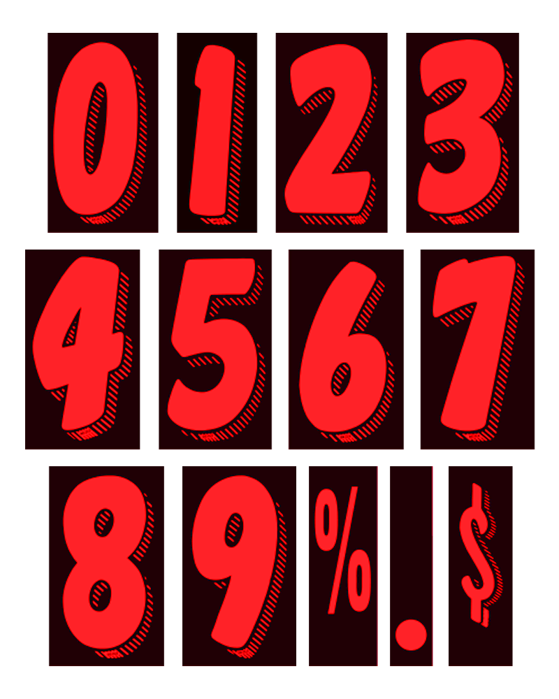 7-1/2" Fluorescent Shadow Number Decals - Fire Red/Black