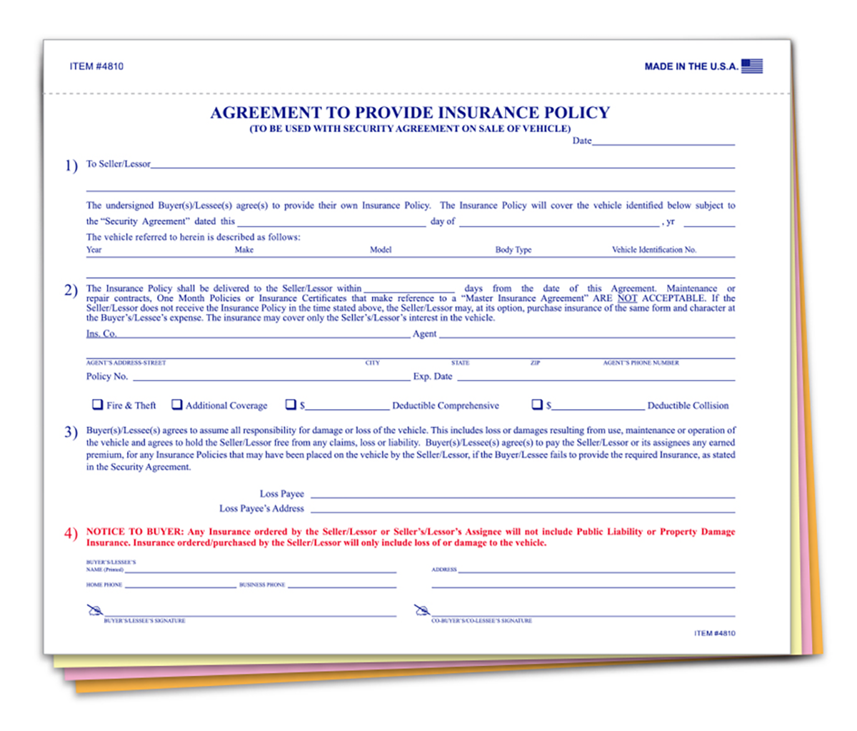 Agreement to Provide Insurance 4-Part (228R-U)