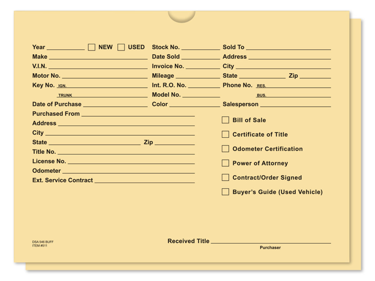 Printed Vehicle Deal Jackets (DSA-546) (100/Pack)