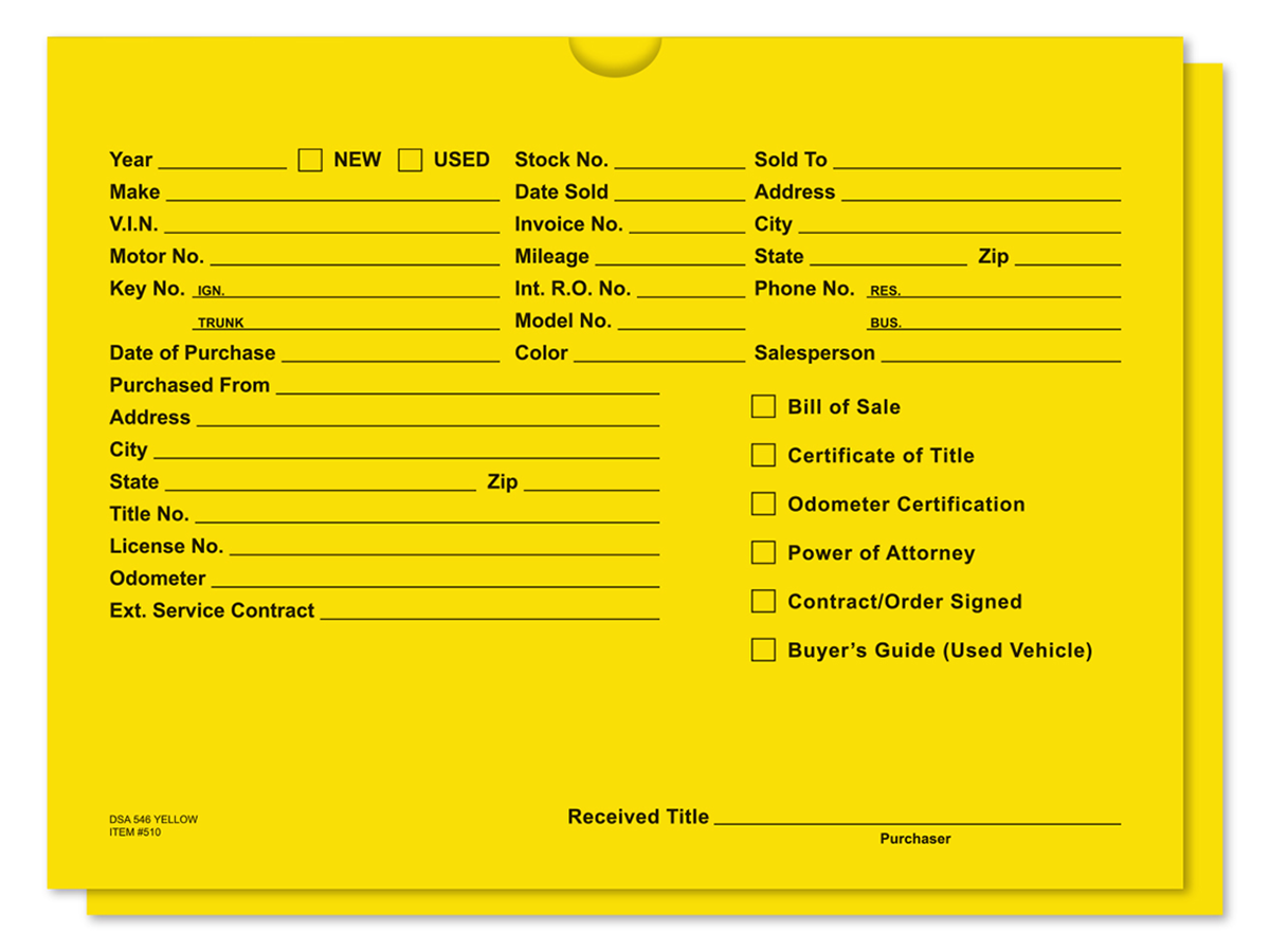 Printed Vehicle Deal Jackets (DSA-546) (100/Pack)