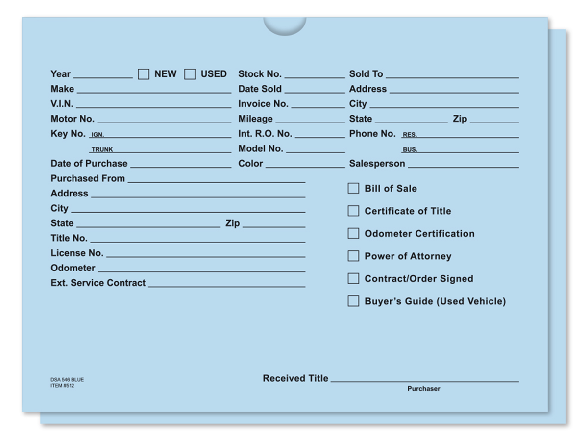 Printed Vehicle Deal Jackets (DSA-546) (100/Pack)