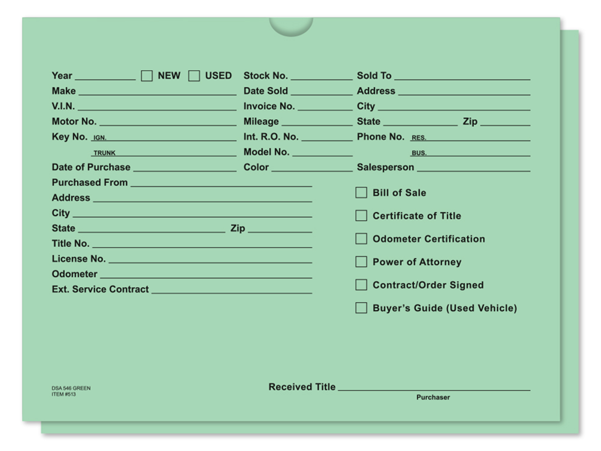 Printed Vehicle Deal Jackets (DSA-546) (100/Pack)