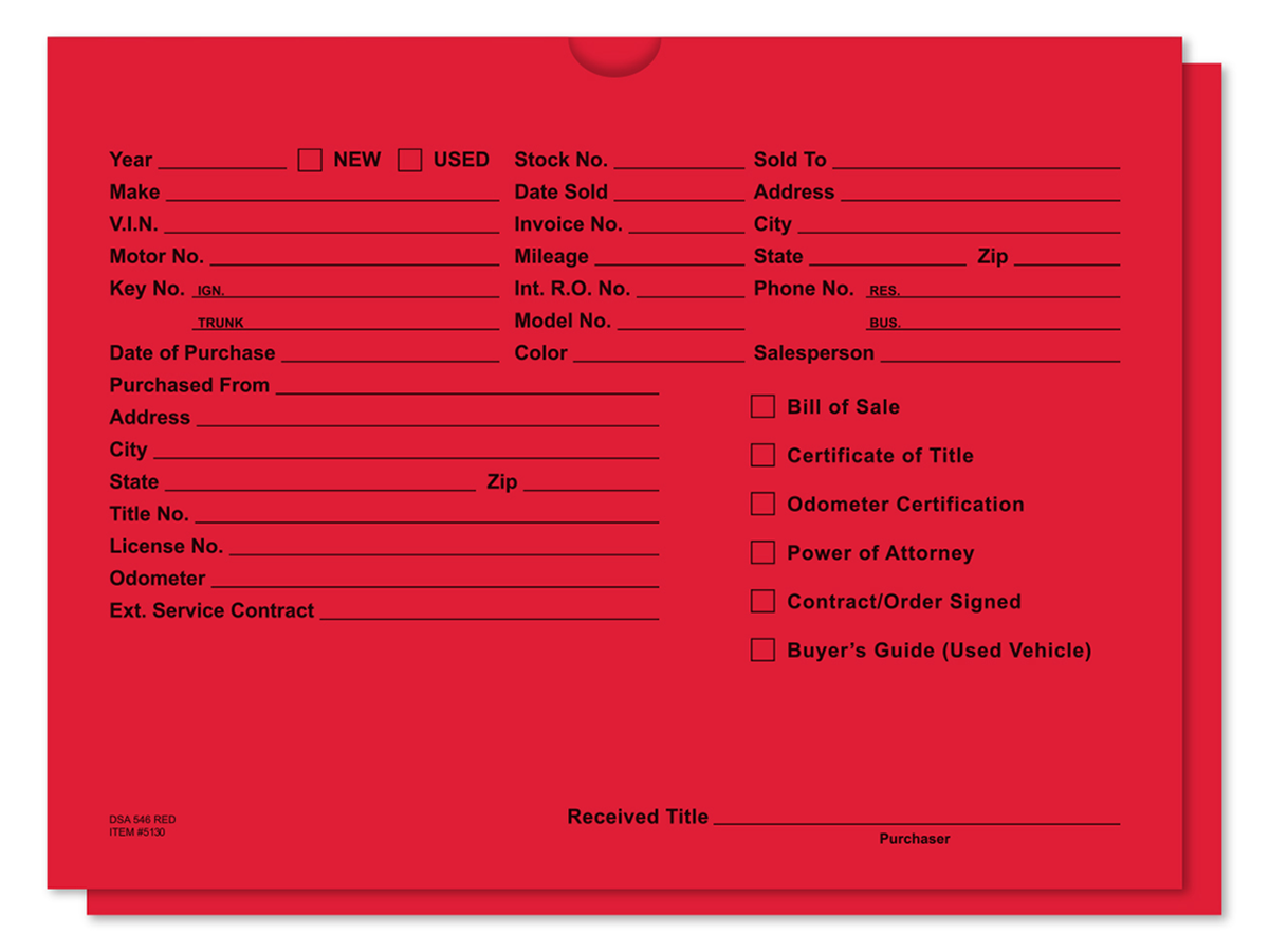 Printed Vehicle Deal Jackets (DSA-546) (100/Pack)