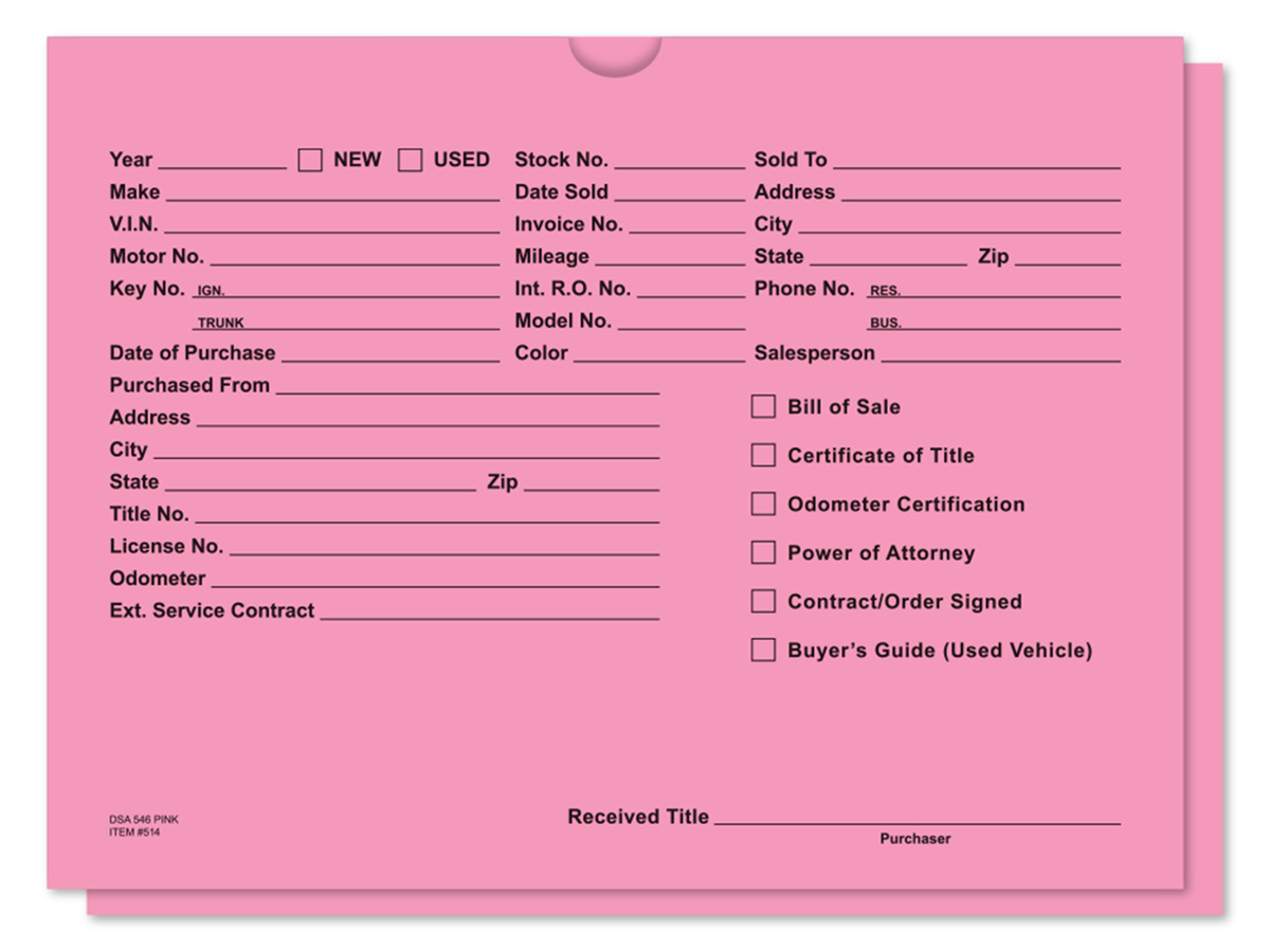 Printed Vehicle Deal Jackets (DSA-546) (100/Pack)