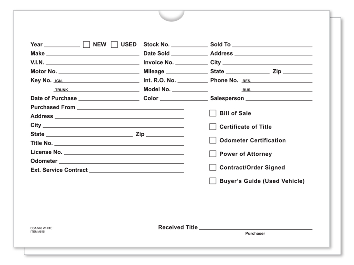 Printed Vehicle Deal Jackets (DSA-546) (100/Pack)