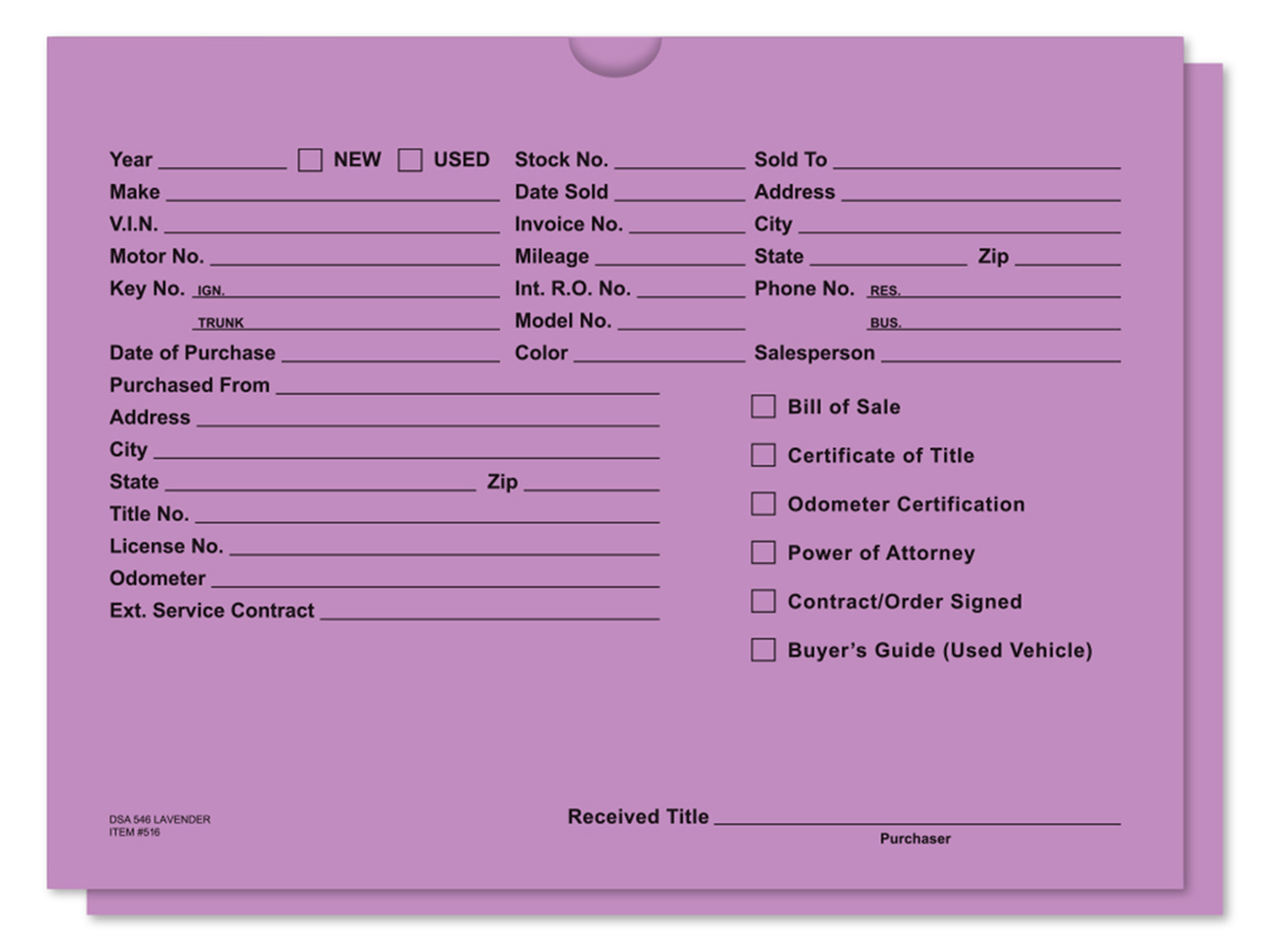 Printed Vehicle Deal Jackets (DSA-546) (100/Pack)