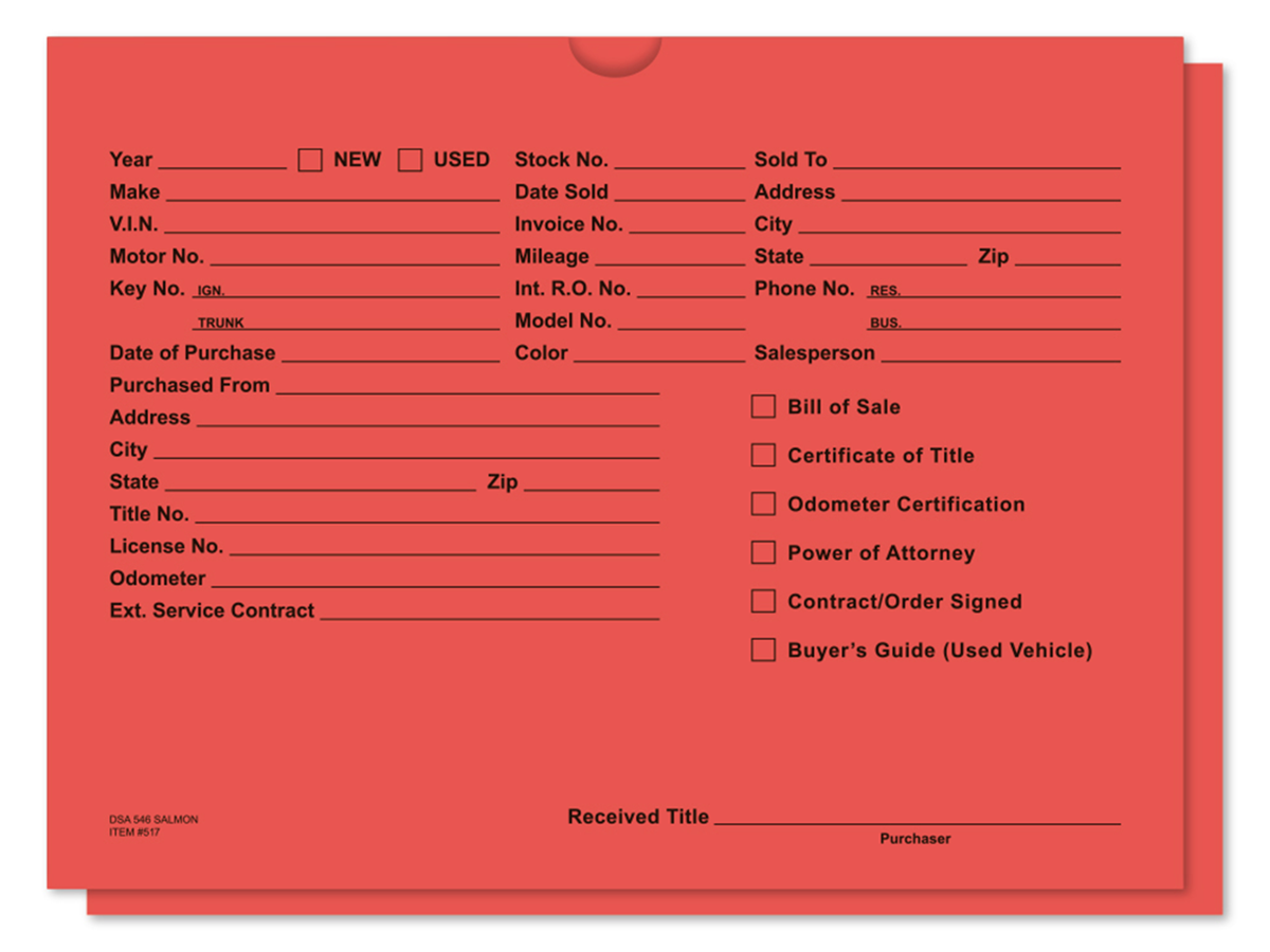 Printed Vehicle Deal Jackets (DSA-546) (100/Pack)