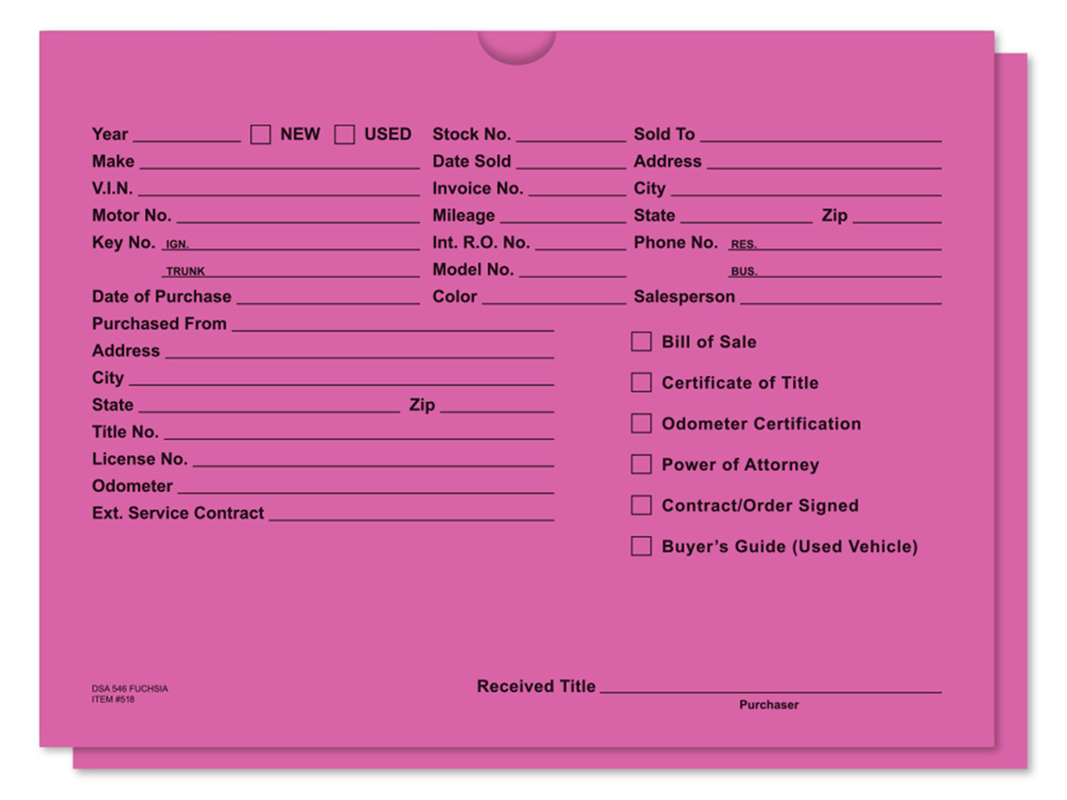 Printed Vehicle Deal Jackets (DSA-546) (100/Pack)