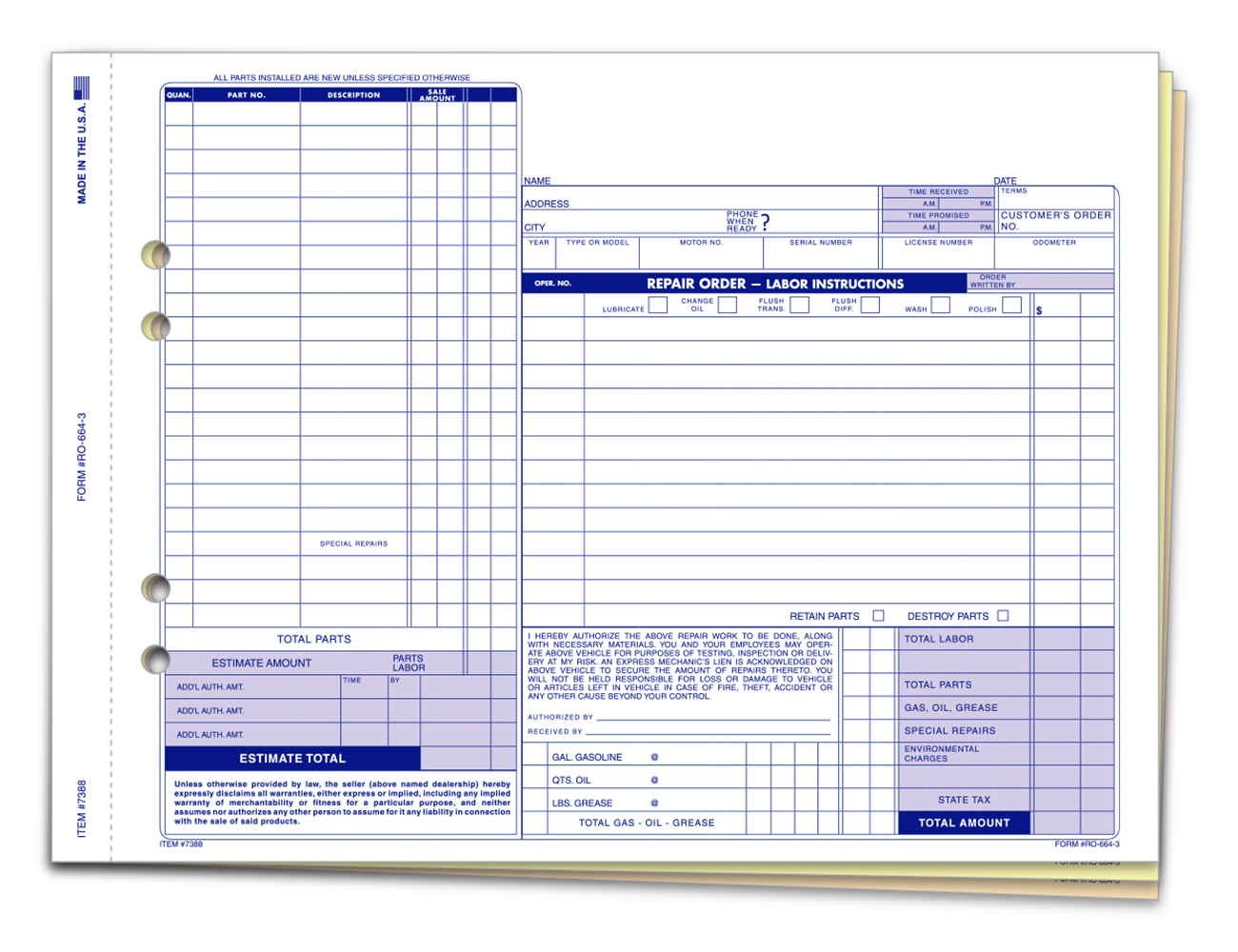 Repair Orders 3-Part (RO-664-3)
