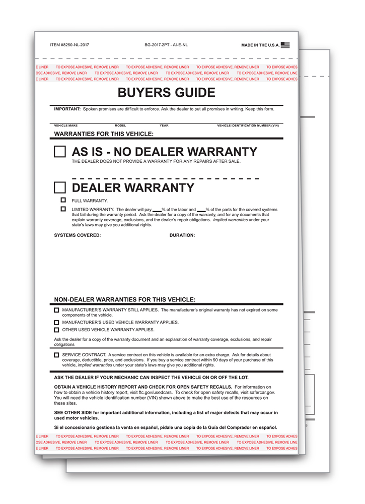 2-Part Interior Buyers Guide - As-Is (No Lines) (BG-2017-2PT - AI-E-NL)