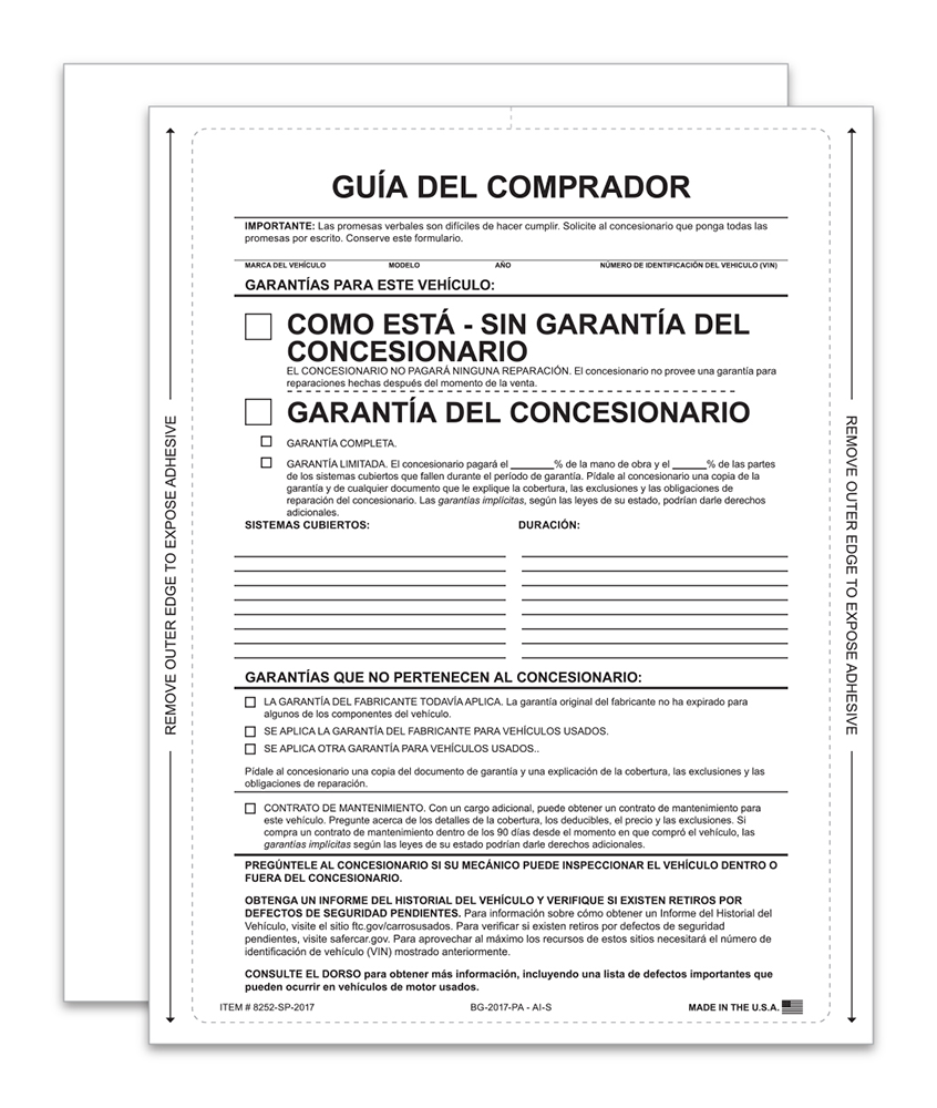 1-Part Interior Buyers Guide - As-Is (Spanish) (BG-2017-PA - AI-S)