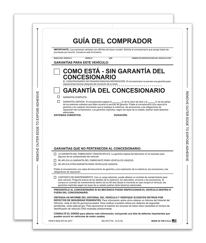 1-Part Interior Buyers Guide - As-Is (No Lines) (Spanish) (BG-2017-PA - AI-S-NL)