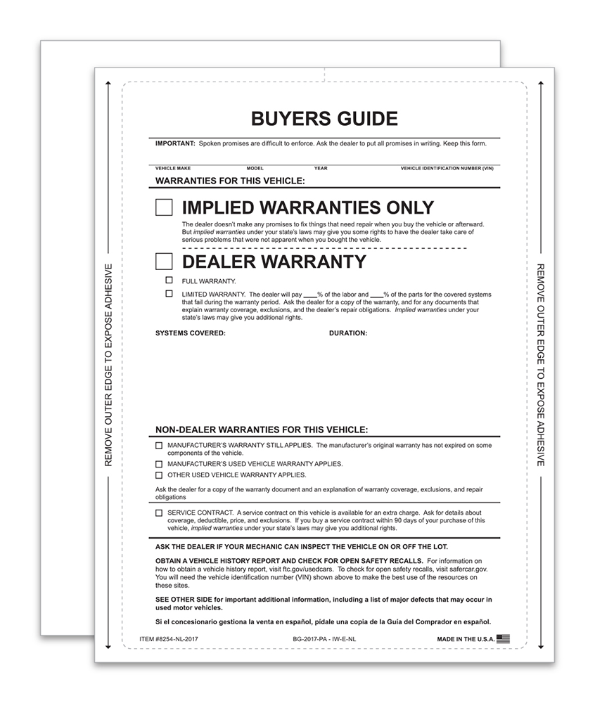 1-Part Interior Buyers Guide - Implied Warranties (No Lines) (BG-2017-PA - IW-E-NL)