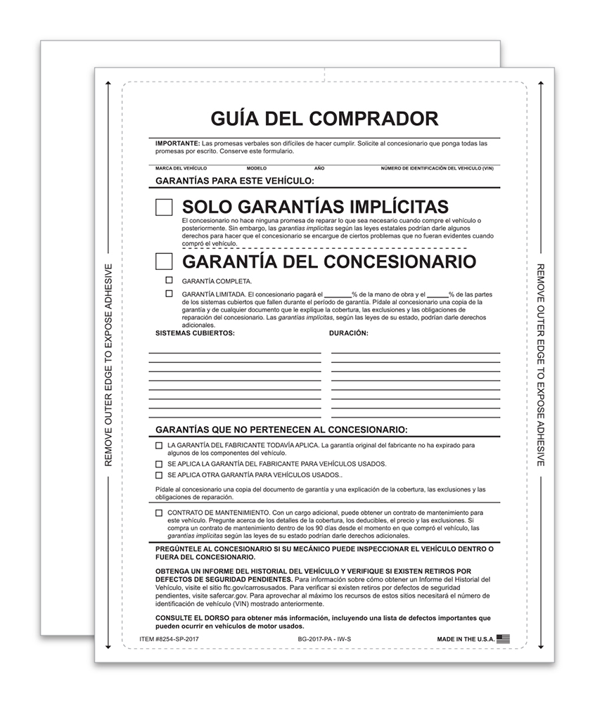1-Part Interior Buyers Guide - Implied Warranties (Spanish) (BG-2017-PA - IW-S)