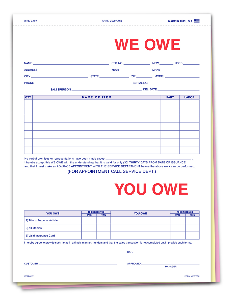 We Owe/You Owe Form (872)