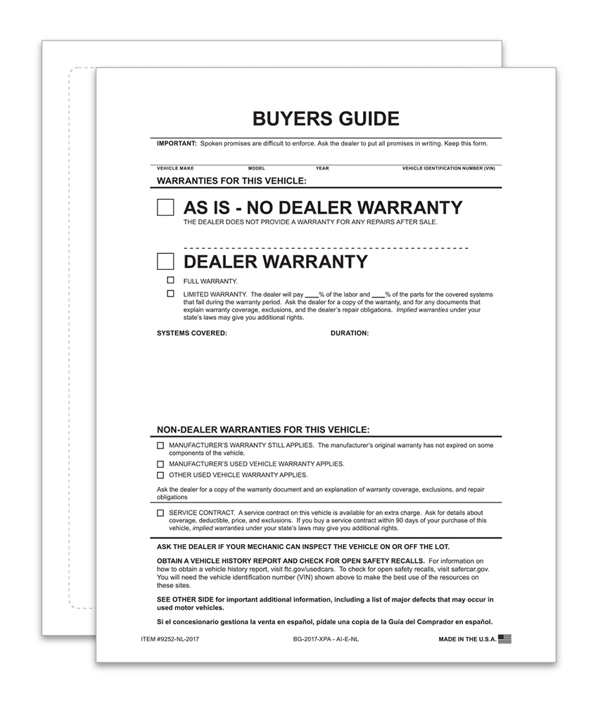 1-Part Exterior Buyers Guide - As-Is (No Lines) (BG-2017-XPA - AI-E-NL)