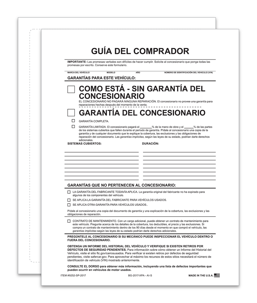 1-Part Exterior Buyers Guide - As-Is (Spanish) (BG-2017-XPA - AI-S)
