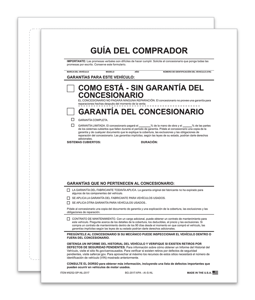 1-Part Exterior Buyers Guide - As-Is (No Lines) (Spanish) (BG-2017-XPA - AS-S-NL)