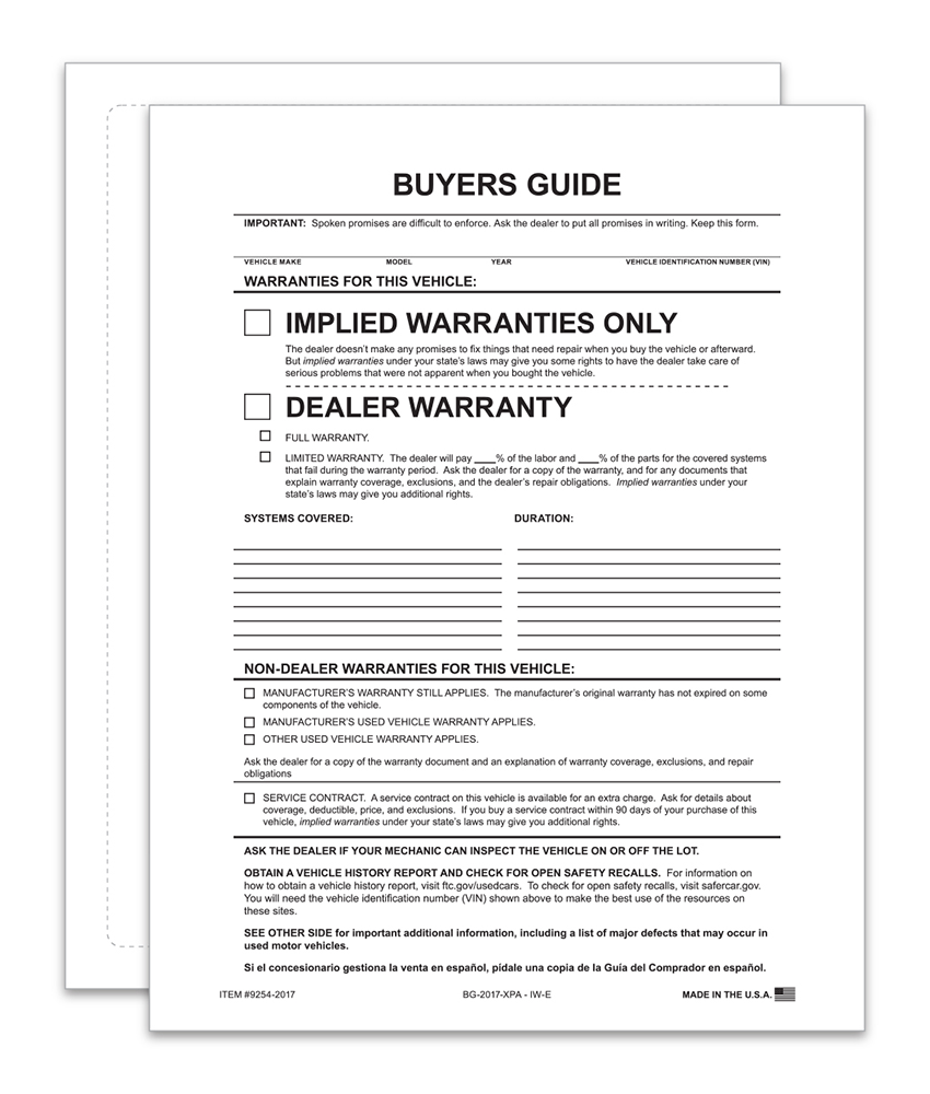 1-Part Exterior Buyers Guide - Implied Warranties (BG-2017-XPA - IW-E)