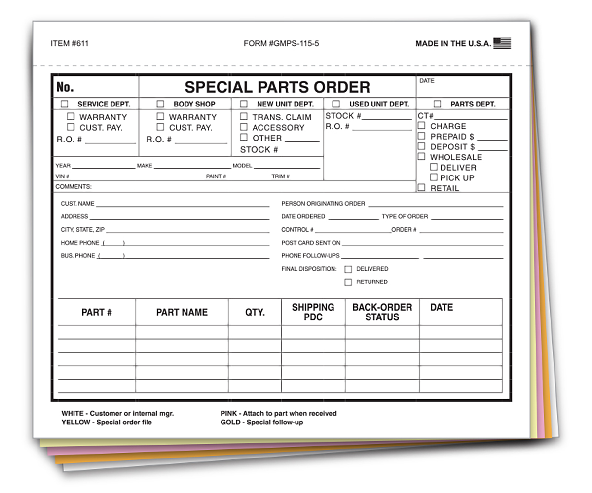 Special Parts Order Forms 5-Part (GMPS-115-5)