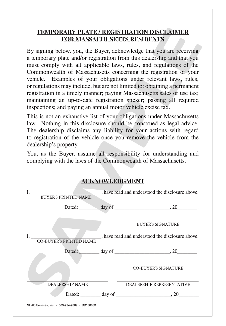 Temporary Plate/Registration Disclaimer for MA Residents Form