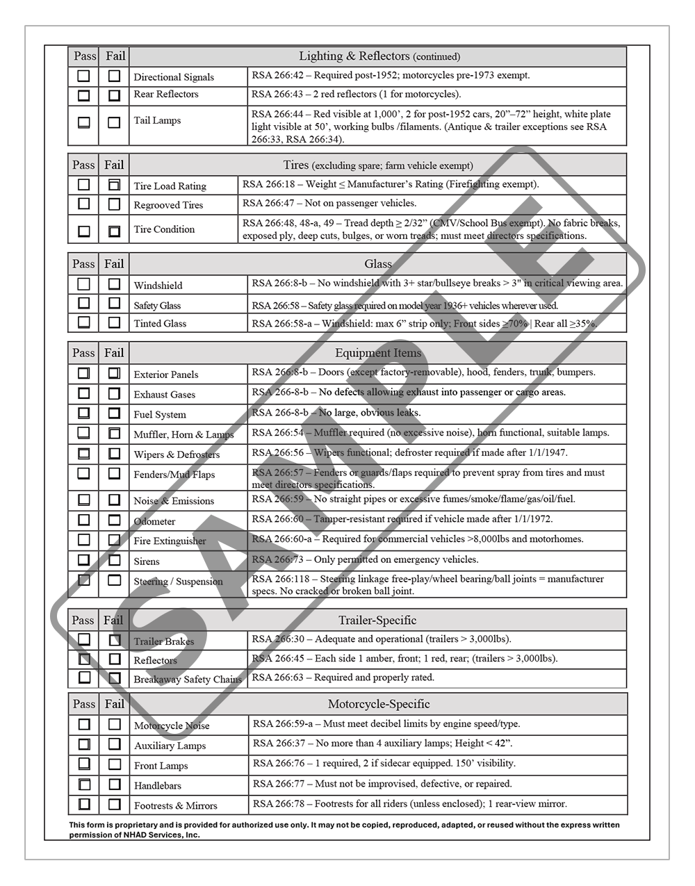 Motor Vehicle Examination Checklist (RSA 266) - Electronic Form