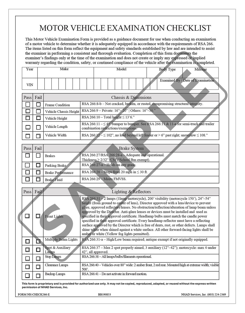Motor Vehicle Examination Checklist (RSA 266) - Electronic Form