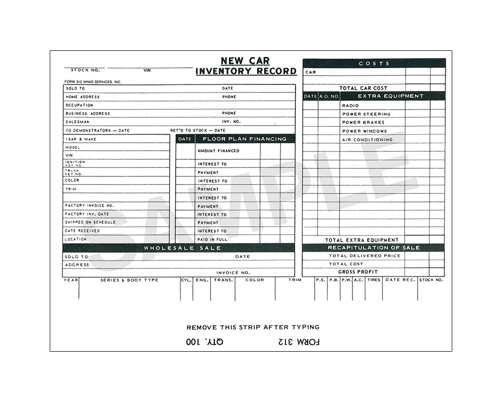 New Vehicle Inventory Record Card