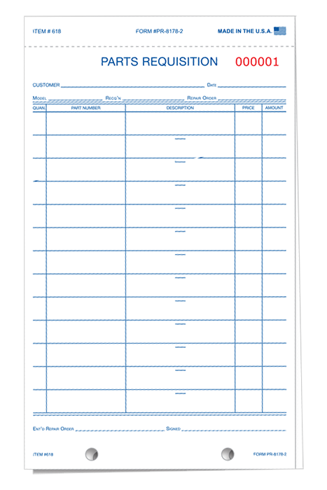 Parts Requisition Forms Numbered (PR-8178-2)