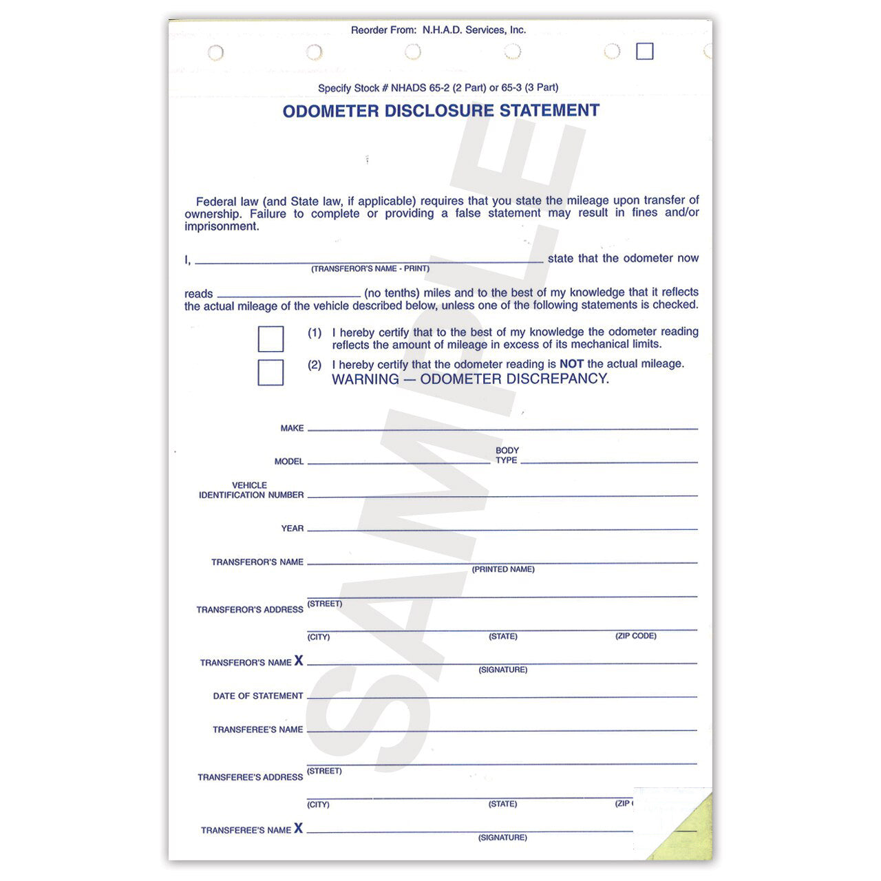 Odometer Disclosure Statement 2-Part (65-2)
