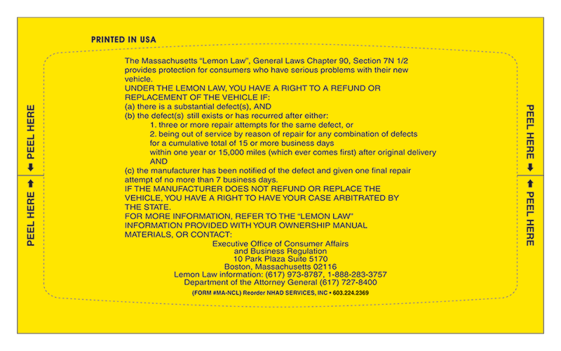 MA New Vehicle Lemon Law Stickers
