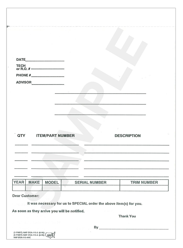 Special Parts Order Forms 4-Part (NAF-115-4NC)