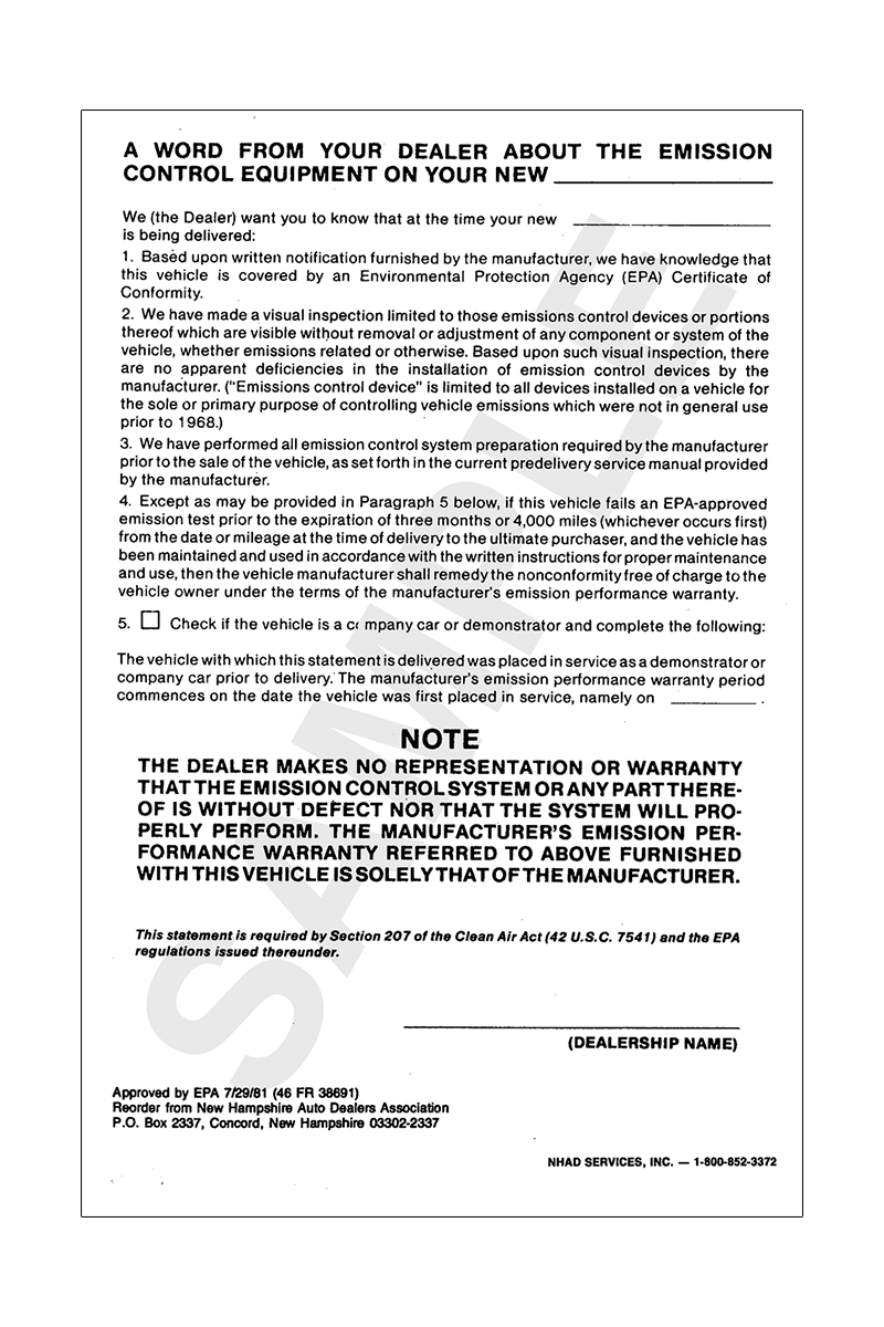 Emission Control Statement 1-Part
