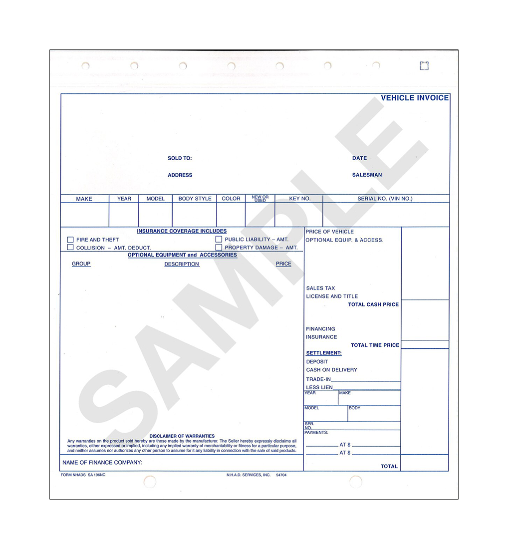 Generic Vehicle Invoices w/ Disclaimer