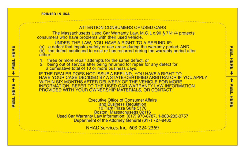 MA Used Vehicle Lemon Law Stickers