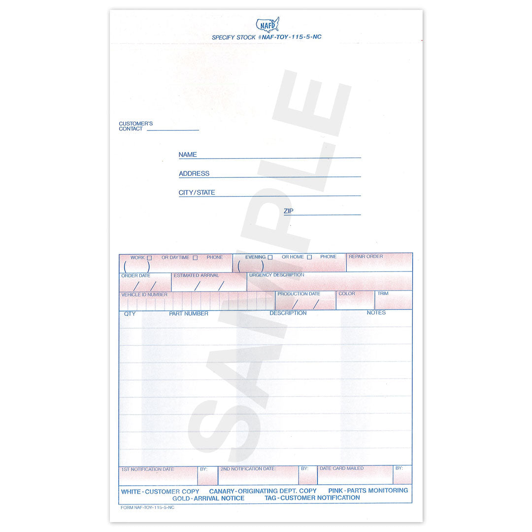 Toyota Special Parts Order Forms 5-Part (TOY-115-5)