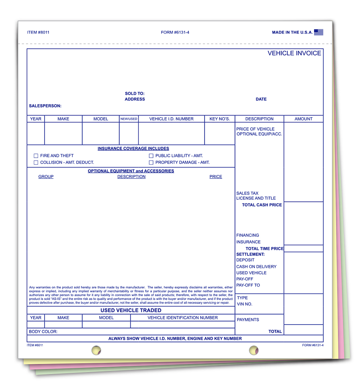 Universal Vehicle Invoice with Disclaimer 4-Part (6131-4)