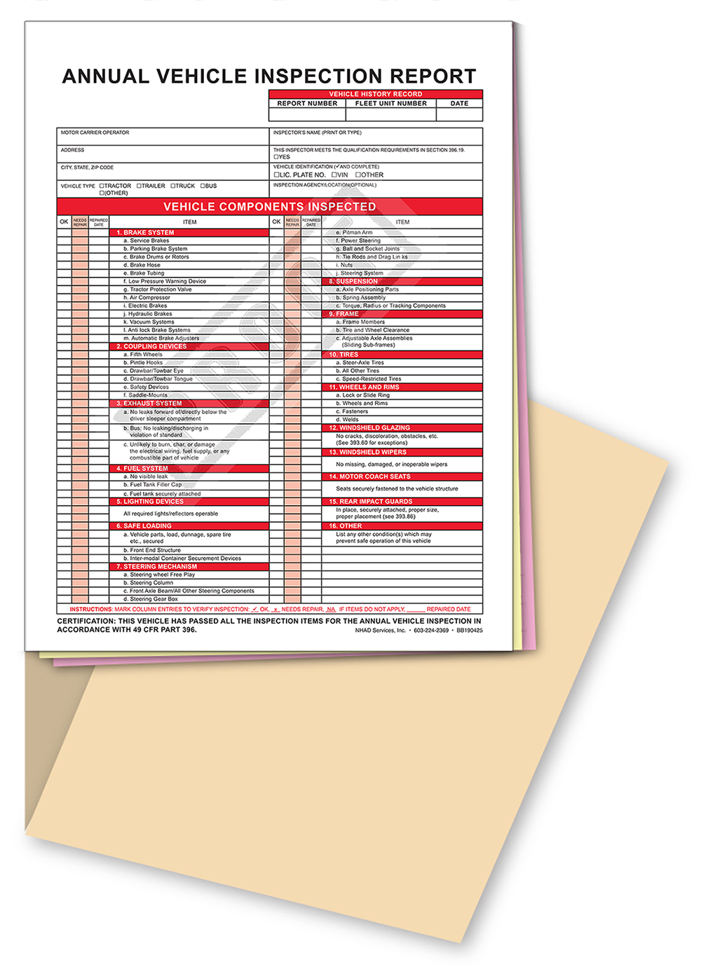 FMCSA Annual Vehicle Inspection Report 3-Part