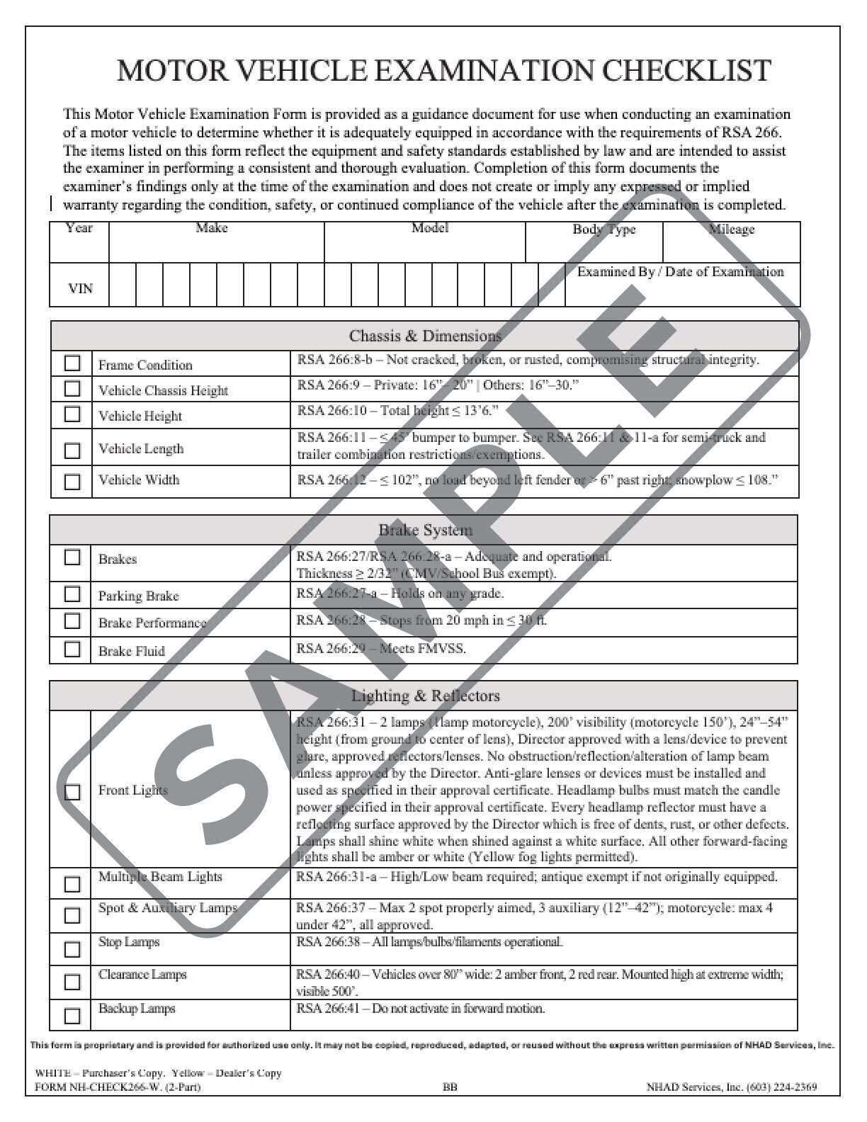 Motor Vehicle Examination Checklist Electronic Form (RSA 266)
