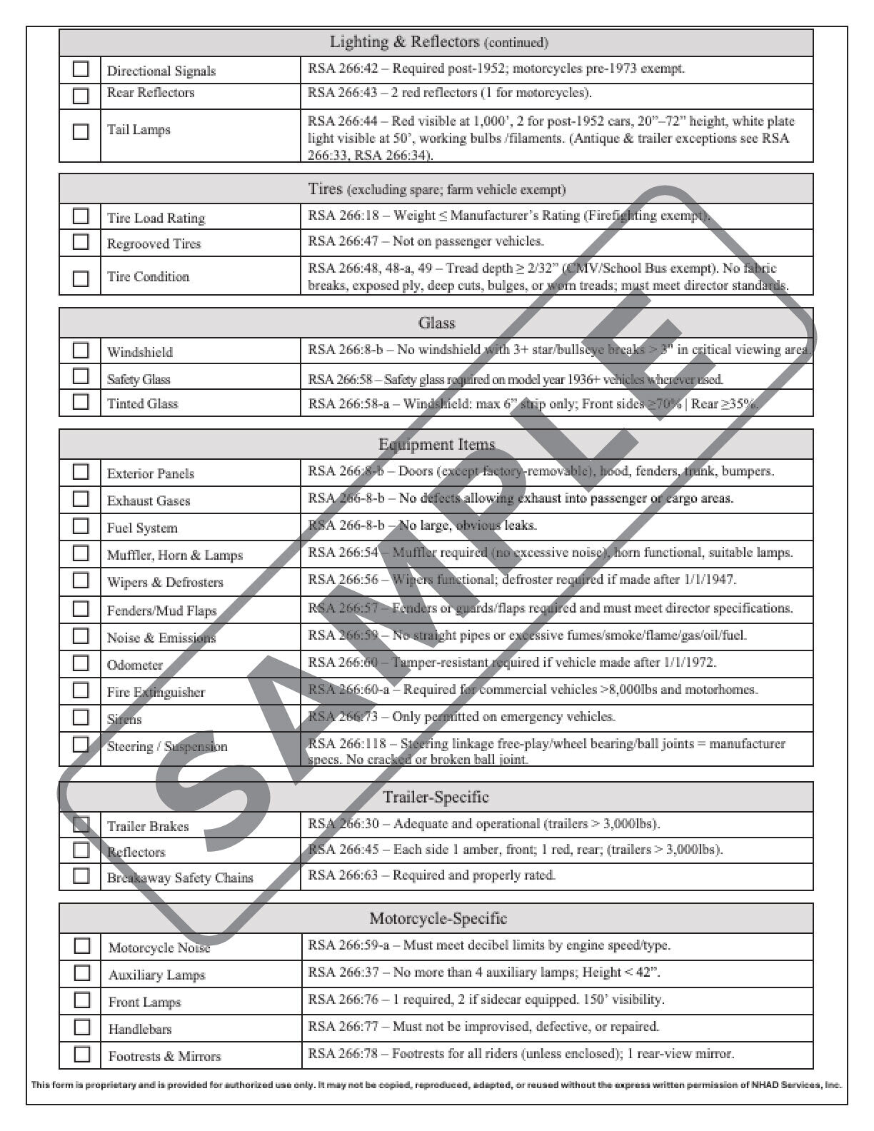 Motor Vehicle Examination Checklist Electronic Form (RSA 266)