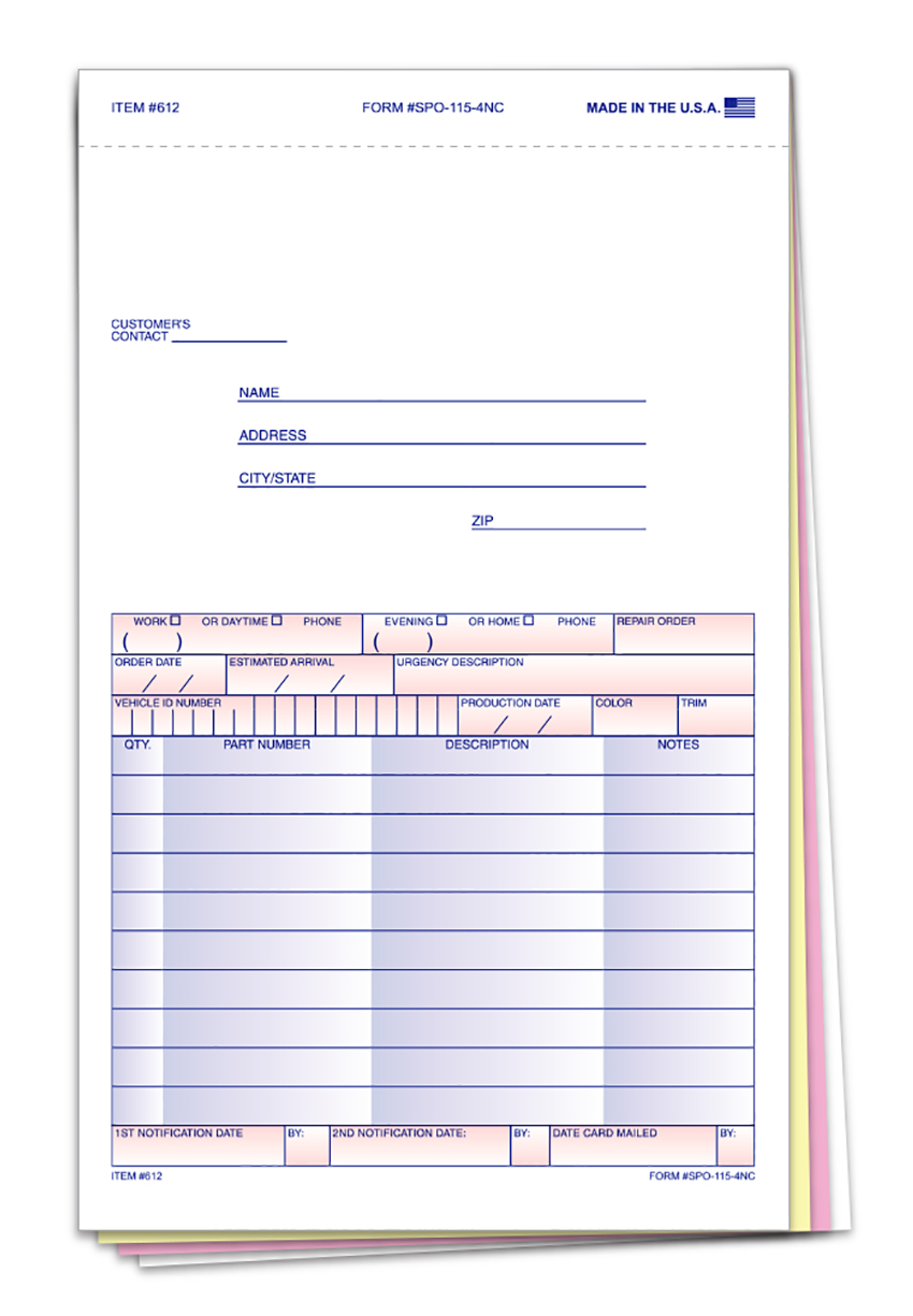 Special Parts Order Forms 4-Part (SPO-115-4NC)