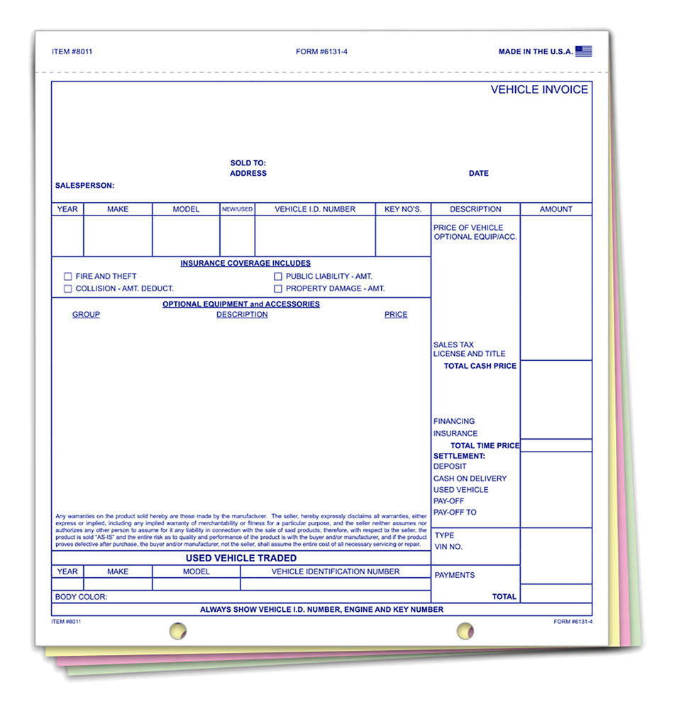 Universal Vehicle Invoice with Disclaimer 4-Part (6131-4)