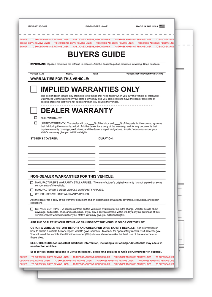 2-Part Interior Buyers Guide - Implied Warranties (BG-2017-2PT - IW-E)