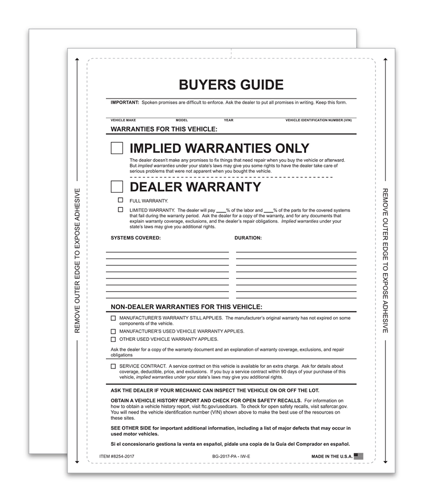 1-Part Interior Buyers Guide - Implied Warranties (BG-2017-PA - IW-E)